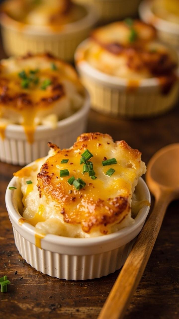 Scallops in individual small gratin dishes, melted golden cheddar topping with tiny browned spots, a sprinkle of chopped chives, a wooden spoon on the side.