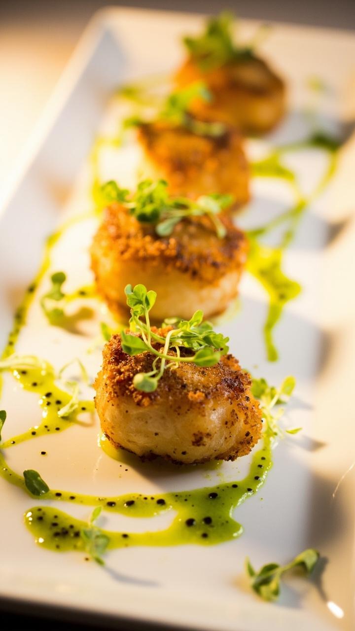 Panko crusted scallops lined on a long white platter, thin streaks of green herb oil across the plate, lemon zest sprinkled on top, small handfuls of microgreens.