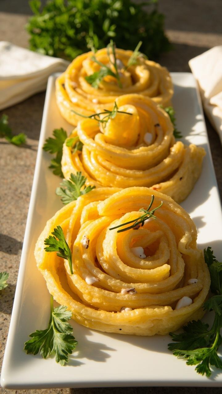Swirled golden pinwheels with flecks of crab and herbs, stacked on a white rectangular plate. Scattered parsley leaves and a folded napkin nearby.