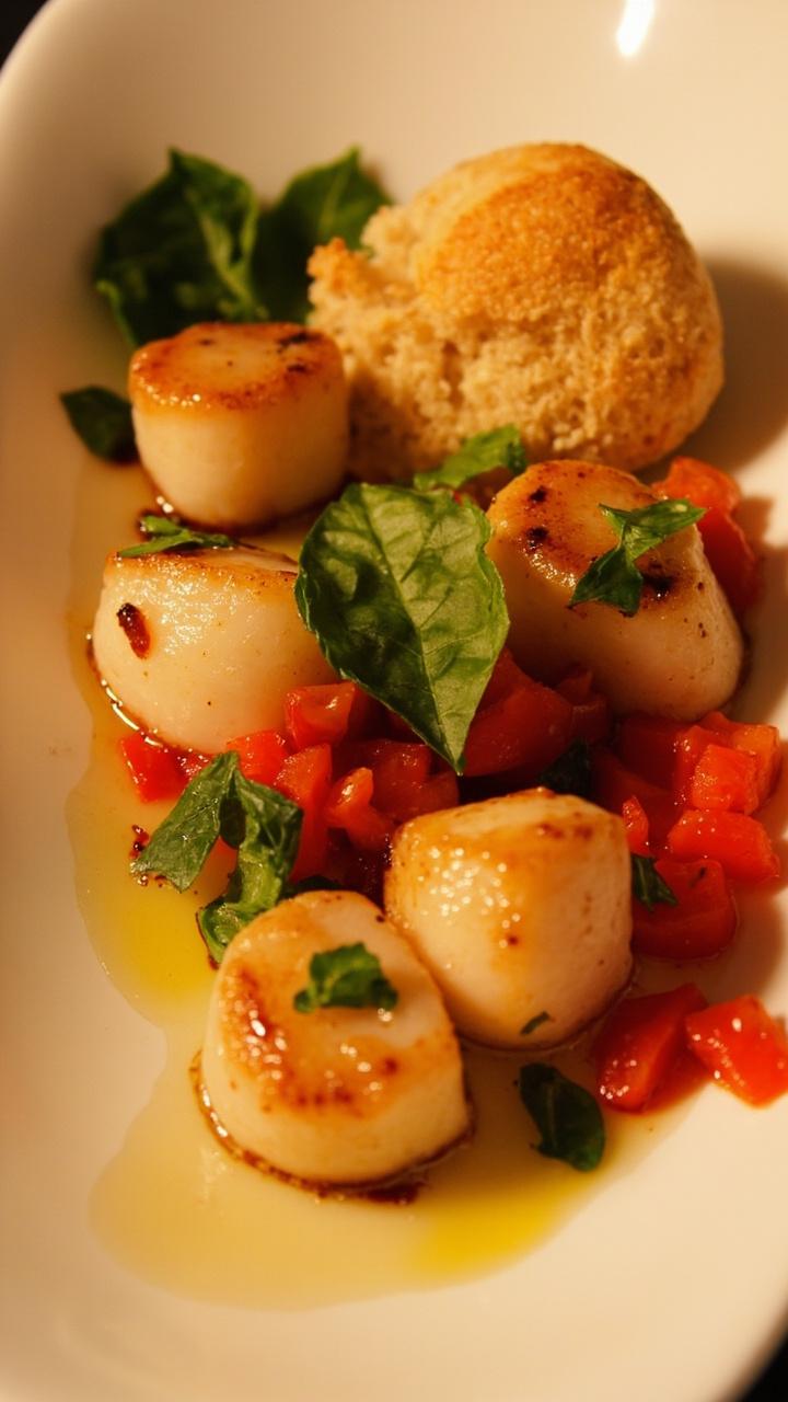Scallops nested in a shallow white dish topped with diced cherry tomatoes and torn basil leaves, a drizzle of olive oil, a small crusty roll on the side.