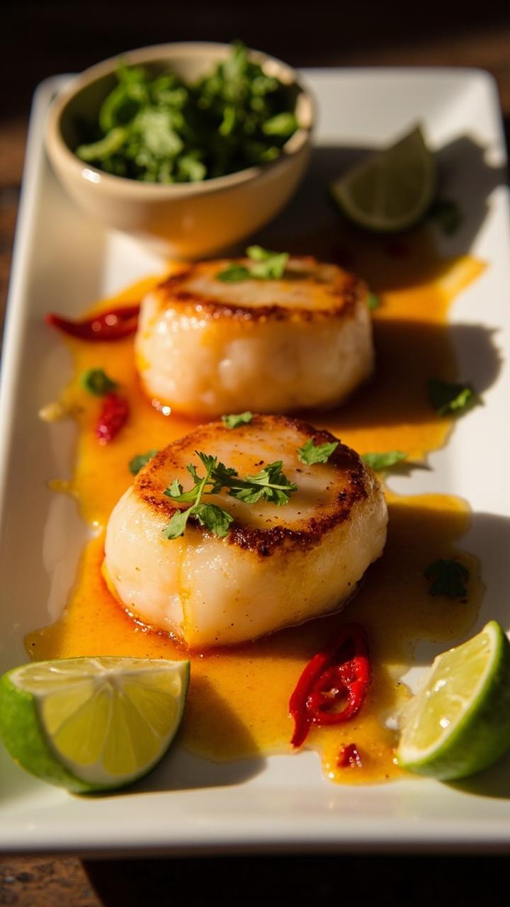 Scallops on a rectangular plate with a light orange chili lime glaze, lime wedges at the corners, thin slices of red chili sprinkled over, a small bowl of cilantro on the side.