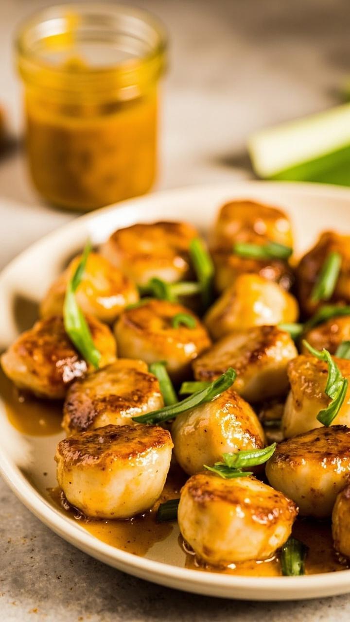 Scallops glazed with honey mustard on a shallow oval plate, sticky golden gloss catching light, a small jar of extra glaze nearby, thinly sliced green onion scattered on top.