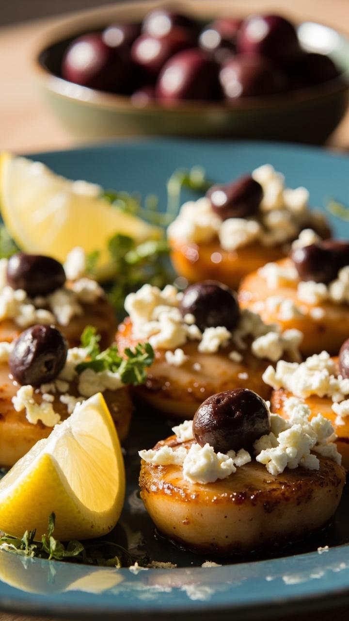 Scallops topped with chopped kalamata olives and crumbled feta on a shallow blue dish, lemon wedges, a sprinkle of chopped oregano, a small bowl of olives in the background.