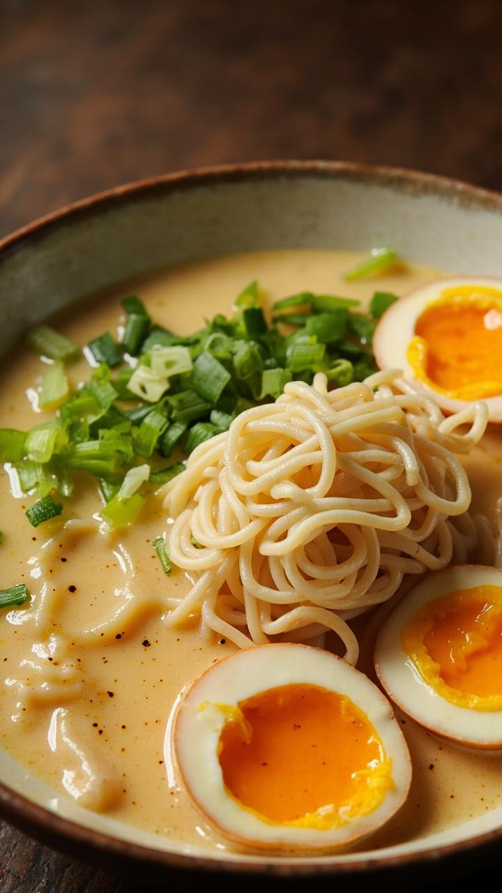 Shallow ceramic bowl with pale golden creamy broth, bouncy ramen noodles piled in center, two halved soft boiled eggs with glossy yolks on one side, thinly sliced scallions scattered on top, a small drizzle of toasted sesame oil glistening on the surface Shallow ceramic bowl with pale golden creamy broth, bouncy ramen noodles piled in center, two halved soft boiled eggs with glossy yolks on one side, thinly sliced scallions scattered on top, a small drizzle of toasted sesame oil glistening on the surface