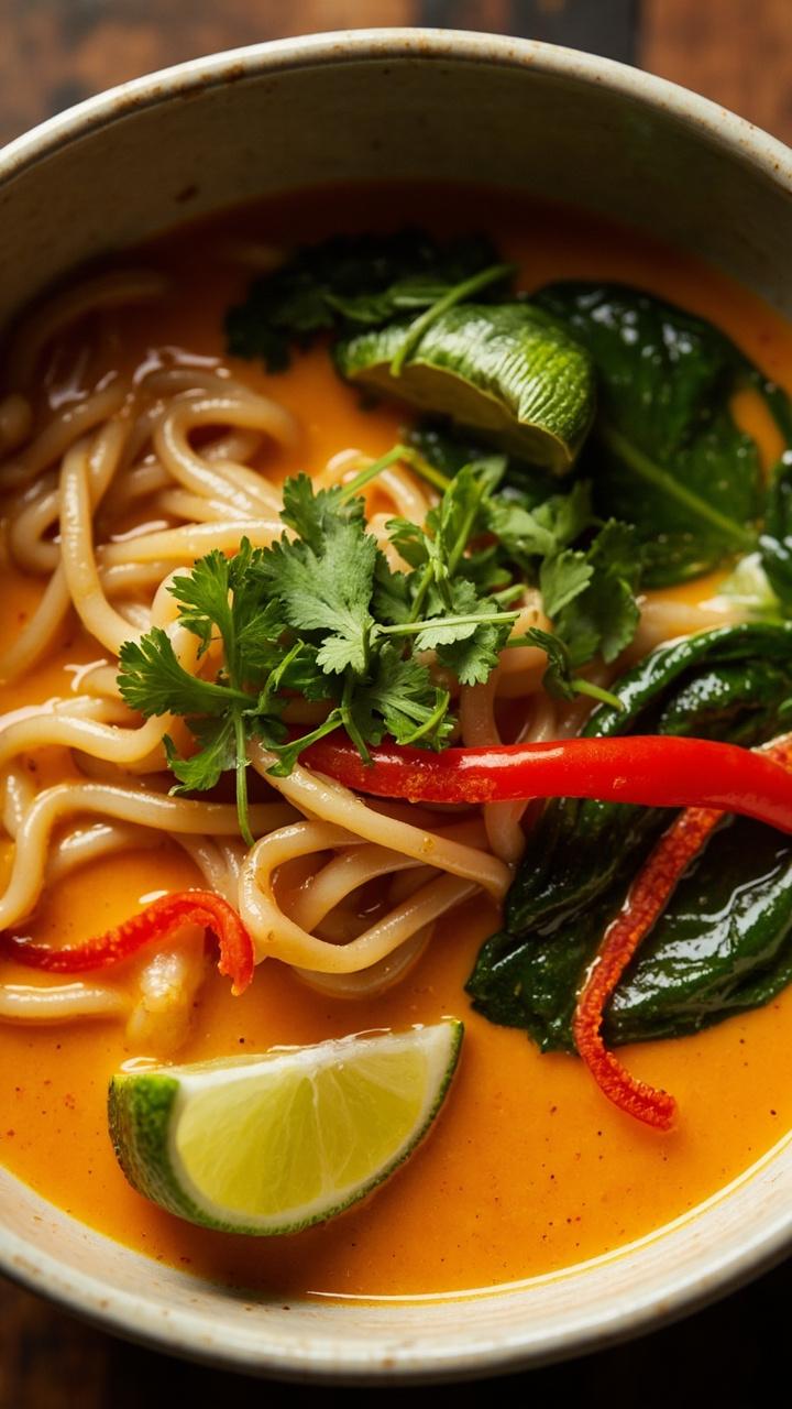 Deep bowl filled with pale orange creamy broth, long ramen noodles swirling, thin strips of red bell pepper and baby spinach floating on top, a lime wedge on the rim, a sprinkling of chopped cilantro Deep bowl filled with pale orange creamy broth, long ramen noodles swirling, thin strips of red bell pepper and baby spinach floating on top, a lime wedge on the rim, a sprinkling of chopped cilantro