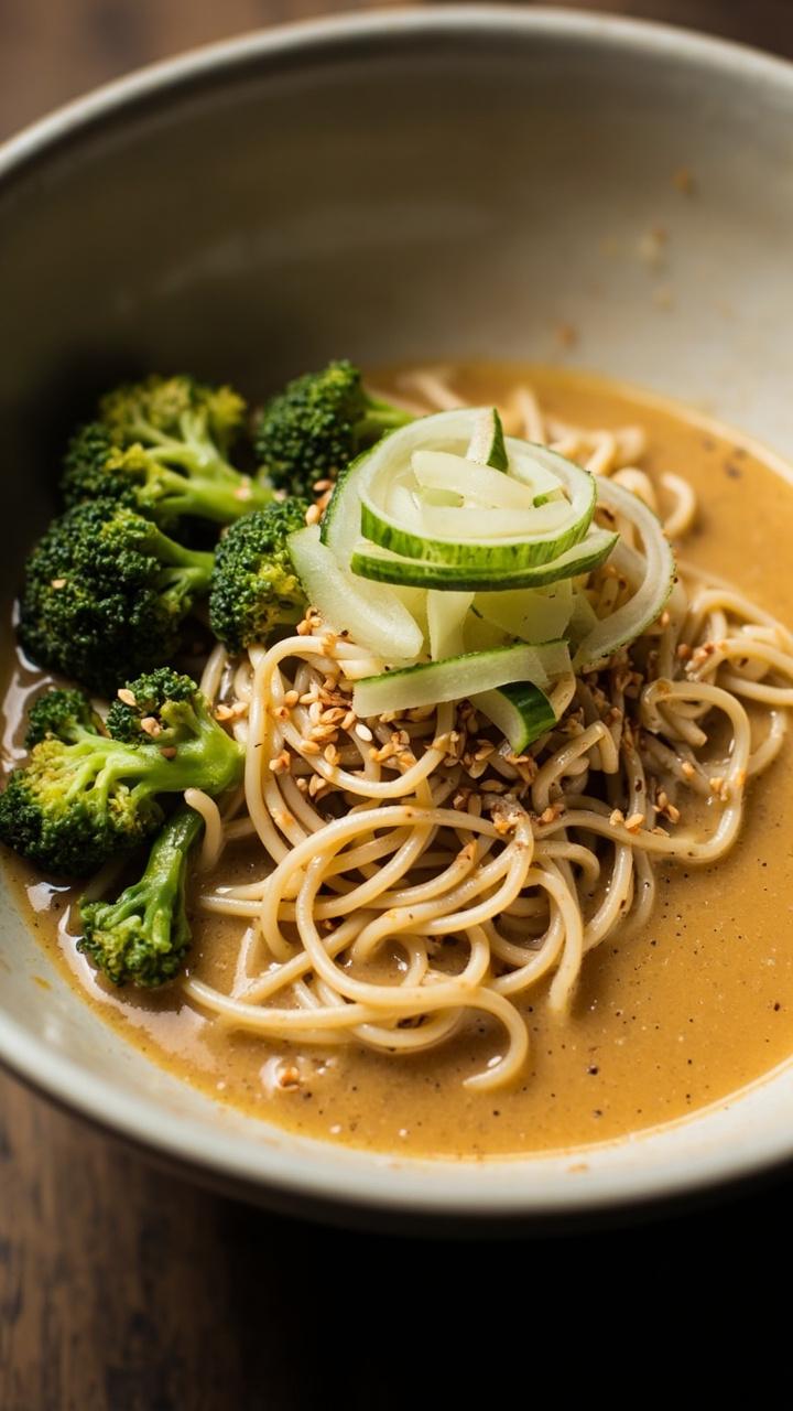 Wide shallow bowl of pale tan creamy broth, ramen noodles tucked in center, a nest of blanched broccoli florets on one side, toasted sesame seeds sprinkled over, a small heap of thin cucumber ribbons for crunch Wide shallow bowl of pale tan creamy broth, ramen noodles tucked in center, a nest of blanched broccoli florets on one side, toasted sesame seeds sprinkled over, a small heap of thin cucumber ribbons for crunch