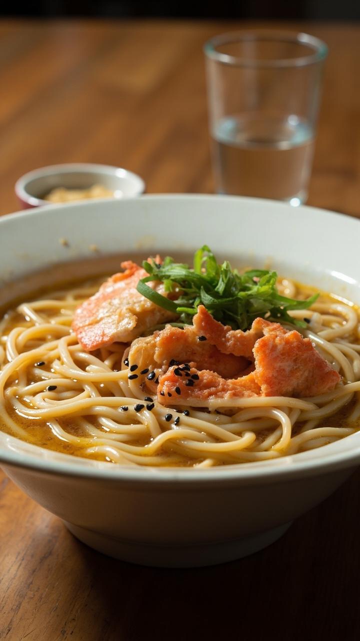 White porcelain bowl with glossy creamy broth, thin ramen noodles submerged, generous lumps of crab meat sitting on top, thinly sliced scallions and a sprinkle of black sesame seeds, a small sake cup beside the bowl White porcelain bowl with glossy creamy broth, thin ramen noodles submerged, generous lumps of crab meat sitting on top, thinly sliced scallions and a sprinkle of black sesame seeds, a small sake cup beside the bowl