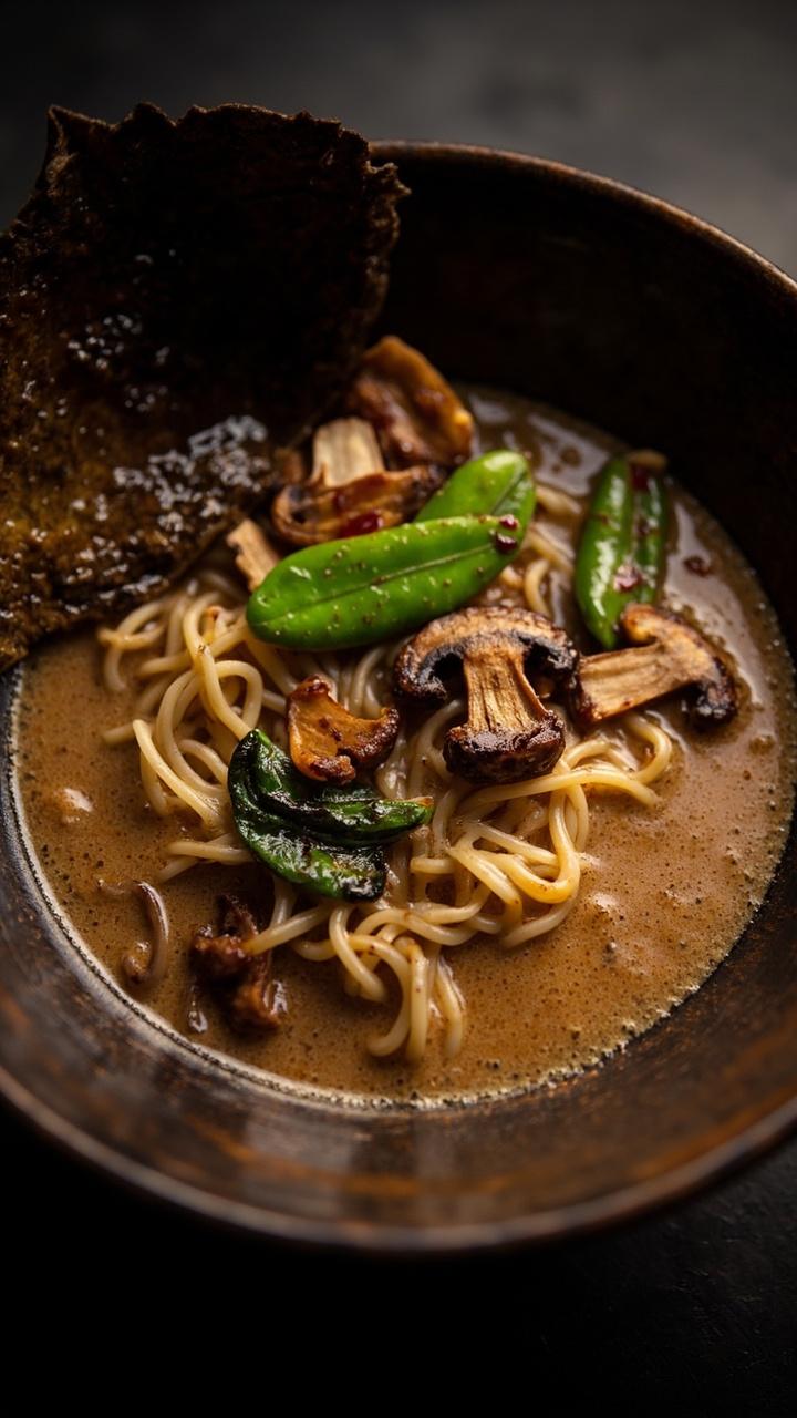 Dark rustic bowl with brown creamy broth, ramen noodles slightly submerged, a fan of sautéed shiitake mushrooms on one side, a few blanched snap peas for color, a drizzle of chili oil on the rim Dark rustic bowl with brown creamy broth, ramen noodles slightly submerged, a fan of sautéed shiitake mushrooms on one side, a few blanched snap peas for color, a drizzle of chili oil on the rim