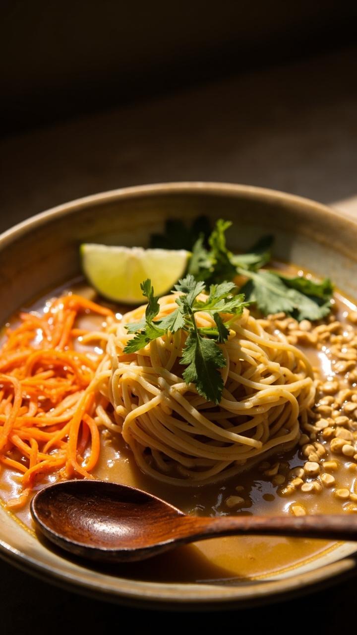 Shallow bowl with tan creamy broth, noodles coiled in center, shredded carrots and chopped peanuts on one side, a lime wedge and a few cilantro leaves for garnish, a wooden spoon beside the bowl Shallow bowl with tan creamy broth, noodles coiled in center, shredded carrots and chopped peanuts on one side, a lime wedge and a few cilantro leaves for garnish, a wooden spoon beside the bowl