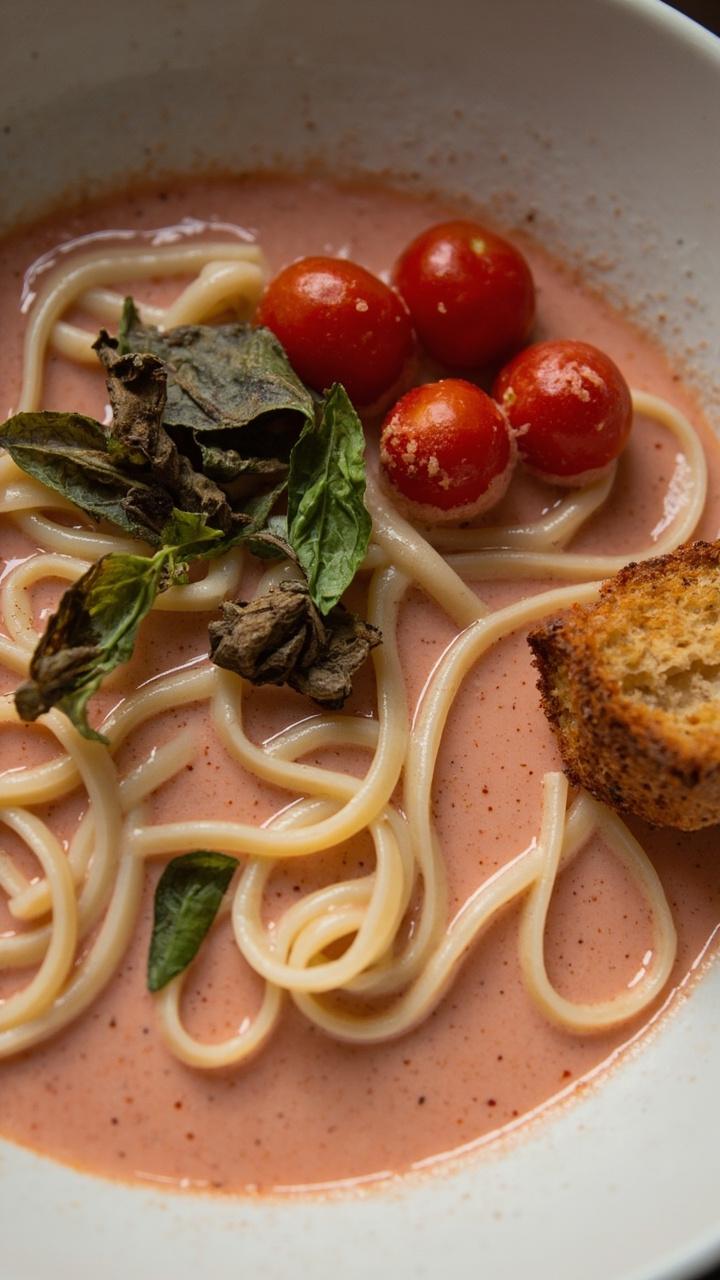 White bowl with rich pinkish creamy broth, noodles visible beneath surface, wilted basil leaves scattered on top, a few halved cherry tomatoes for color, a small piece of rustic bread on the side White bowl with rich pinkish creamy broth, noodles visible beneath surface, wilted basil leaves scattered on top, a few halved cherry tomatoes for color, a small piece of rustic bread on the side