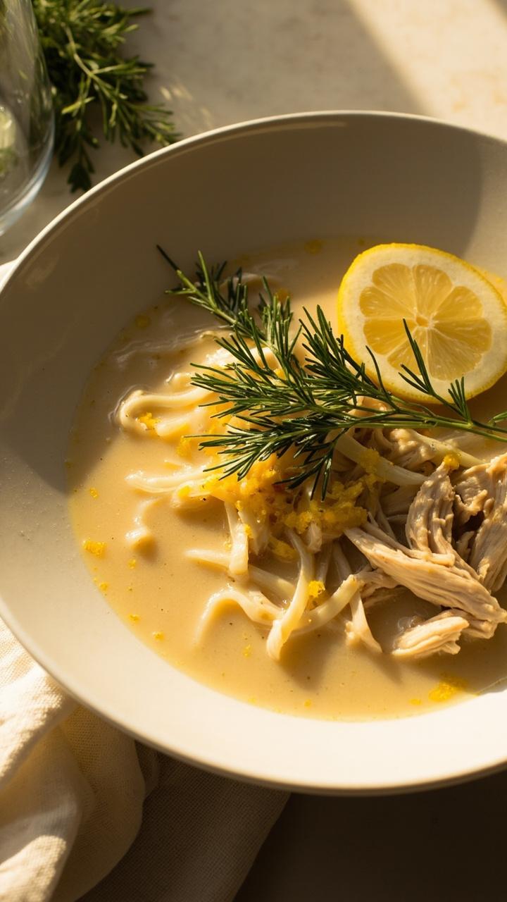 Shallow bowl with pale cream colored broth, visible shredded chicken on top of noodles, thin lemon slices or zest, sprigs of parsley and dill as garnish, a linen napkin beside the bowl Shallow bowl with pale cream colored broth, visible shredded chicken on top of noodles, thin lemon slices or zest, sprigs of parsley and dill as garnish, a linen napkin beside the bowl