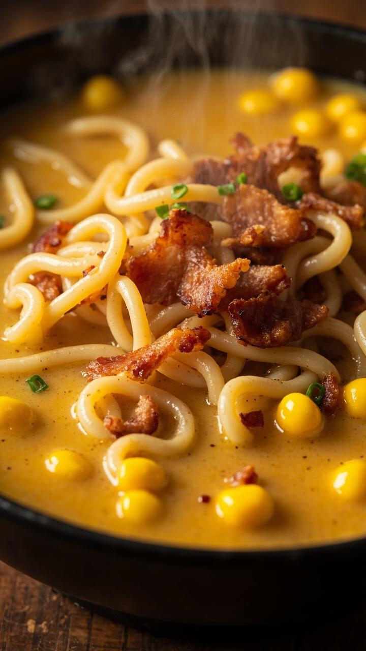 Hearty bowl with creamy pale yellow broth, curly ramen noodles, bright golden corn kernels scattered across, crumbled crispy bacon pieces, a small scattering of chives Hearty bowl with creamy pale yellow broth, curly ramen noodles, bright golden corn kernels scattered across, crumbled crispy bacon pieces, a small scattering of chives