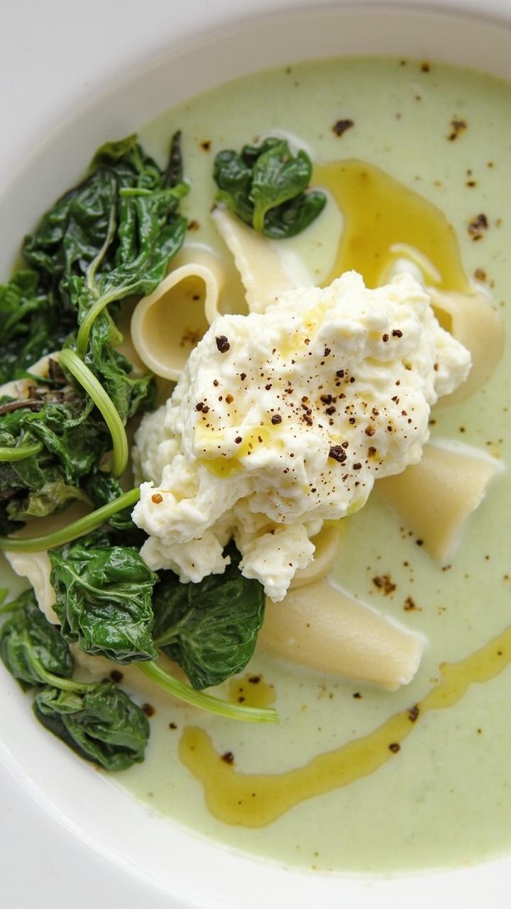 Wide bowl with pale green creamy broth, noodles visible under a spoonful of ricotta dollop, wilted spinach leaves gathered on one side, a drizzle of olive oil and cracked black pepper on top Wide bowl with pale green creamy broth, noodles visible under a spoonful of ricotta dollop, wilted spinach leaves gathered on one side, a drizzle of olive oil and cracked black pepper on top