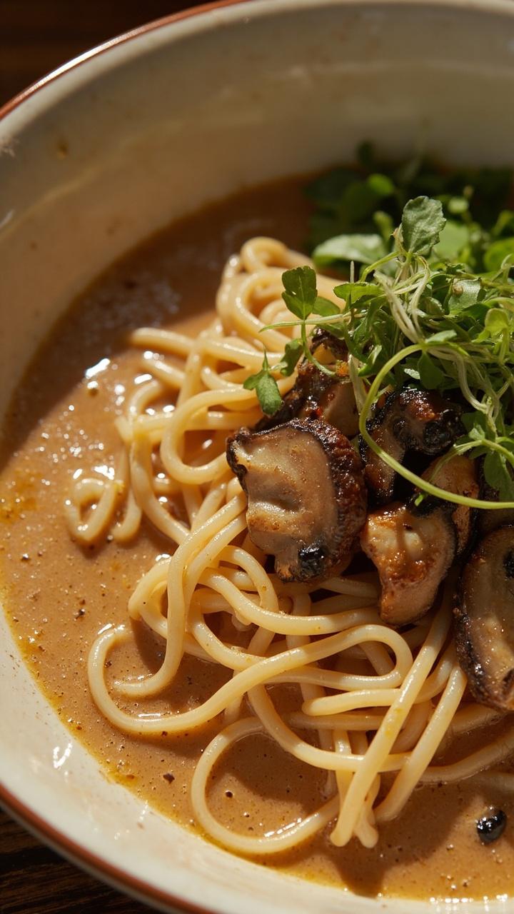 Elegant shallow bowl with glossy light brown creamy broth, curled ramen noodles, sautéed mixed mushrooms piled to one side, tiny drizzle of truffle oil and a few microgreens for contrast Elegant shallow bowl with glossy light brown creamy broth, curled ramen noodles, sautéed mixed mushrooms piled to one side, tiny drizzle of truffle oil and a few microgreens for contrast