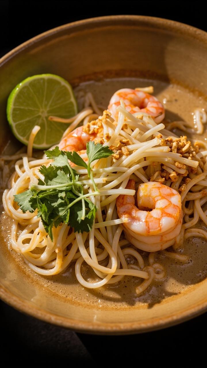 Round bowl with pale tan coconut peanut broth, curled noodles with shrimp arranged on top, a handful of bean sprouts and chopped peanuts for texture, a lime wedge resting on the rim Round bowl with pale tan coconut peanut broth, curled noodles with shrimp arranged on top, a handful of bean sprouts and chopped peanuts for texture, a lime wedge resting on the rim