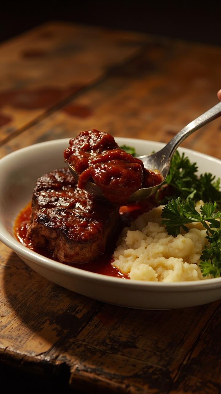 A shallow white bowl with a tender seared steak cut into two pieces, thick tomato onion gravy spooned over the steak, a rounded scoop of creamy mashed potatoes beside it, bright parsley sprigs for color, worn wooden table surface