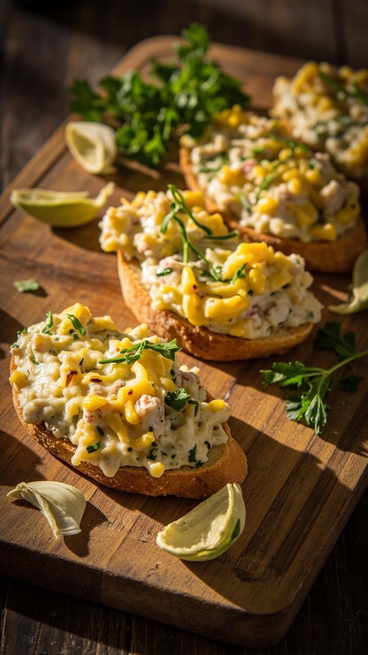 Sliced toasted baguette rounds topped with a creamy crab-artichoke mixture, flecked with golden cheese and bits of artichoke, laid out on a wooden board. Extra artichoke petals and a few parsley sprigs nearby.