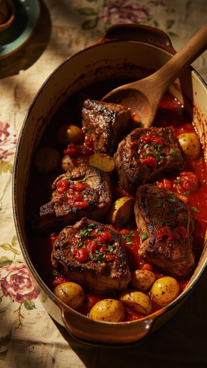 A shallow casserole dish with several steaks nestled in a chunky tomato and herb sauce, roasted baby potatoes around the edges, a wooden spoon resting in the dish, farmhouse table cloth beneath