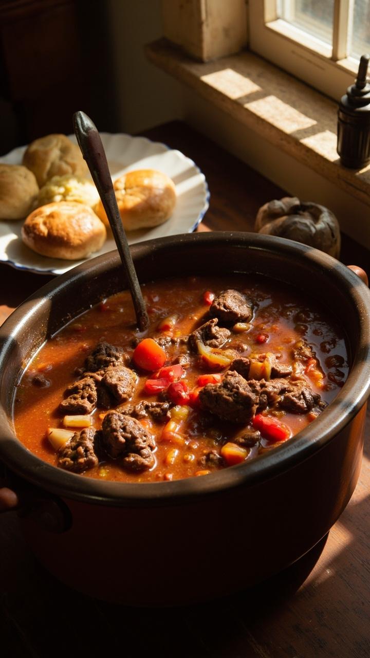 A ceramic slow cooker insert lifted to show pieces of steak in a rich tomato and onion stew, a ladle resting on the side, a plate with buttered dinner rolls nearby, soft afternoon light