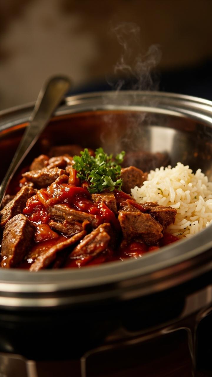 A pressure cooker bowl with sliced steak in a glossy tomato gravy, a small mound of rice beside the steak, a sprinkle of chopped parsley, stainless steel spoon resting on the rim