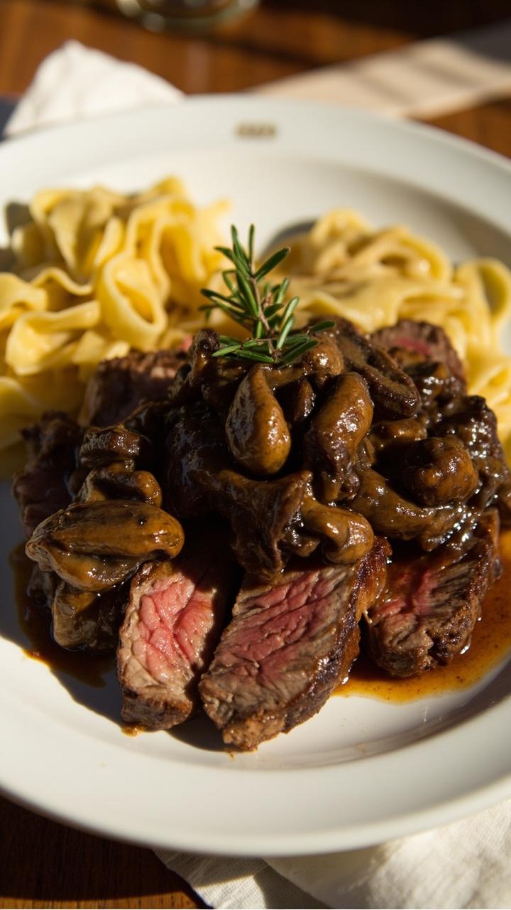 A dinner plate with sliced steak topped with a glossy mushroom and thyme ragout, small pile of buttered egg noodles at the side, fresh thyme sprigs as garnish, linen napkin under the plate