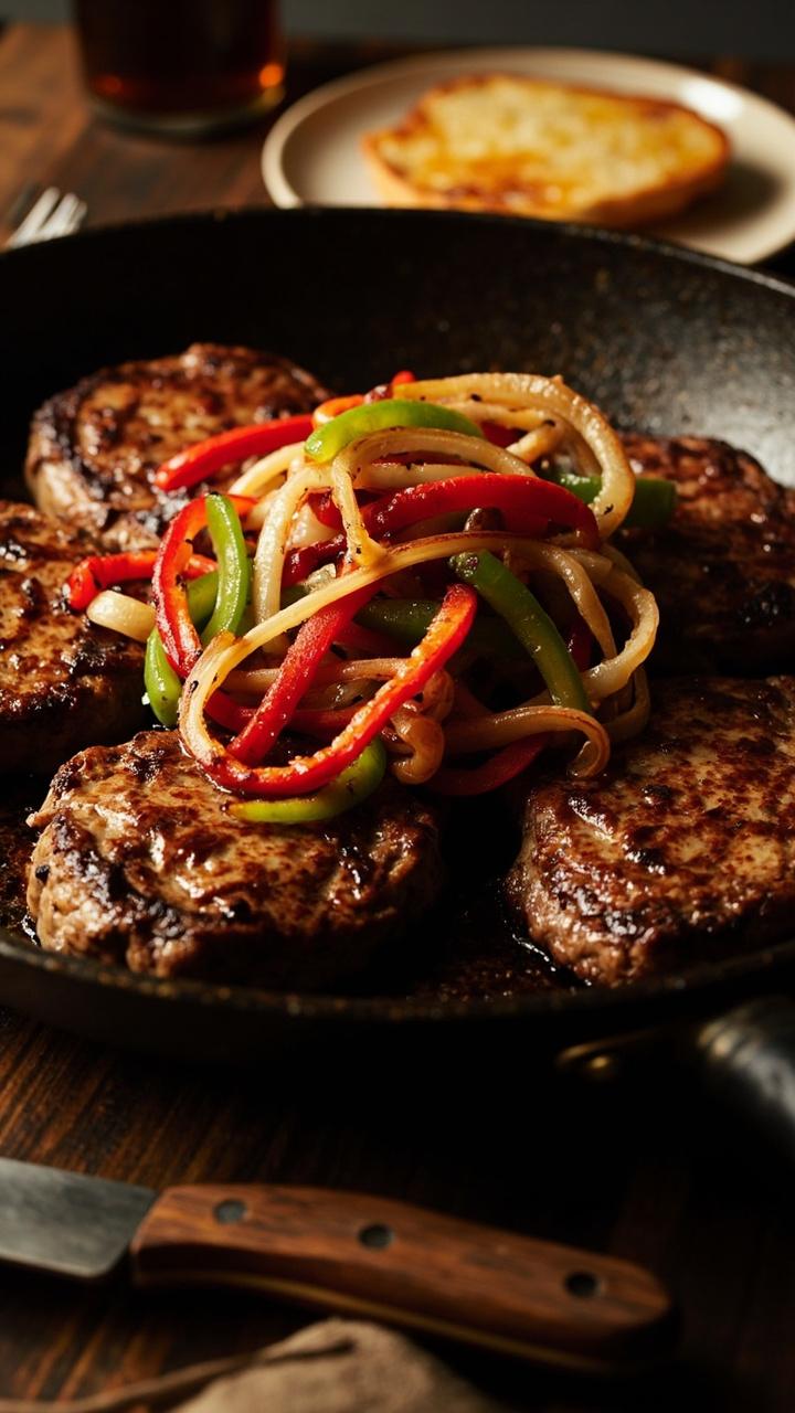 A wide shallow skillet filled with steaks under a tangle of soft red and green bell peppers and golden onions, a slice of toasted bread on a small plate beside the skillet, wooden serving fork