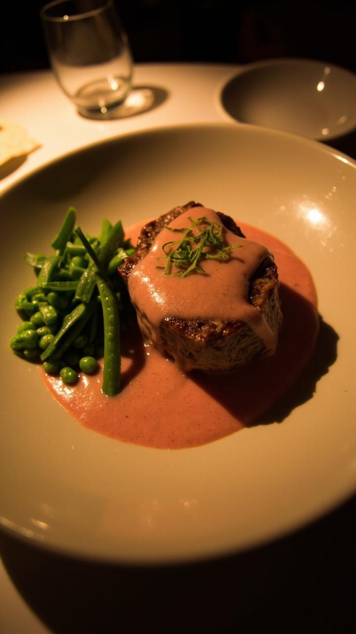 A shallow bowl with a steak half covered in a smooth pink tomato cream sauce, steamed green peas on the side, a sprinkle of chopped chives on top, ceramic spoon on the side