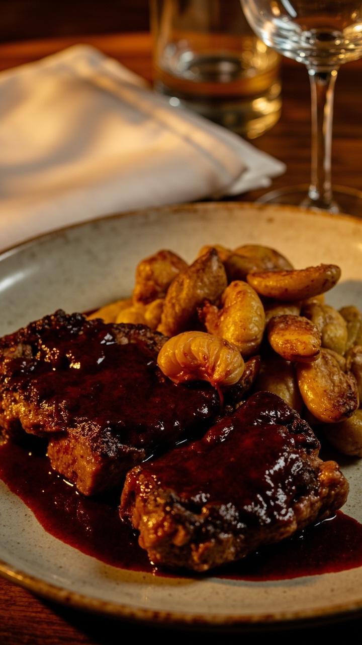 A rustic plate with two steaks in a glossy dark tomato and red wine reduction, roasted fingerling potatoes at the side, a few roasted garlic cloves scattered on top, linen napkin and a wine glass in the background