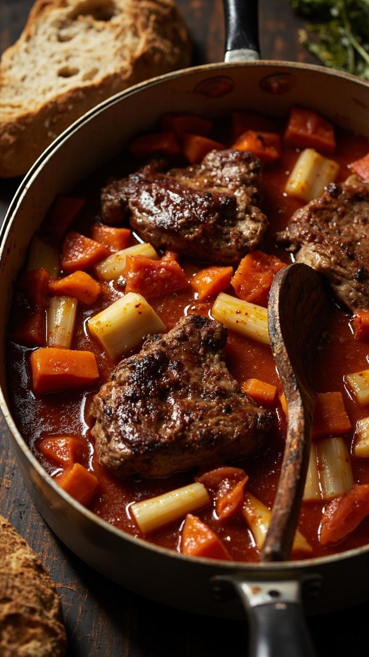 A deep oven proof dish filled with steaks surrounded by chunks of carrots parsnips and celery in a thick tomato gravy, a serving spoon halfway in, rustic bread loaf sliced nearby
