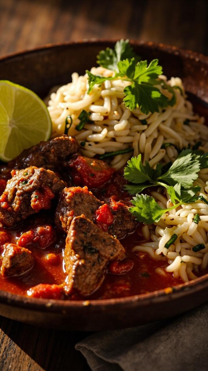 A shallow bowl with steaks in a chunky tomato and chili sauce, a wedge of lime on the rim, a scoop of cilantro lime rice beside the steak, cilantro leaves scattered for garnish