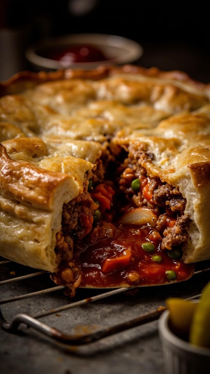 A golden baked pie with a flaky crust cut to show a thick filling of steak and vegetables in tomato gravy, a small ramekin of ketchup or pickles nearby, cooling rack under the pie