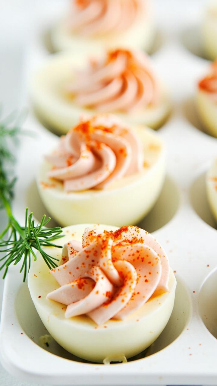 Halved hard-boiled eggs with creamy crab filling piped in, dusted with paprika, lined up on a simple white egg tray. A few sprigs of dill off to one side.