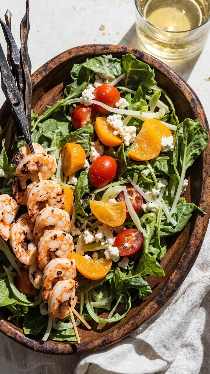 Grilled shrimp skewers resting across a bowl of mixed baby greens and orange segments. Thinly sliced fennel, halved cherry tomatoes, and a small mound of crumbled feta. A drizzle of pale citrus vinaigrette glistening on the leaves. Wooden skewers and a linen napkin beside a small glass of white wine. Grilled shrimp skewers resting across a bowl of mixed baby greens and orange segments. Thinly sliced fennel, halved cherry tomatoes, and a small mound of crumbled feta. A drizzle of pale citrus vinaigrette glistening on the leaves. Wooden skewers and a linen napkin beside a small glass of white wine.