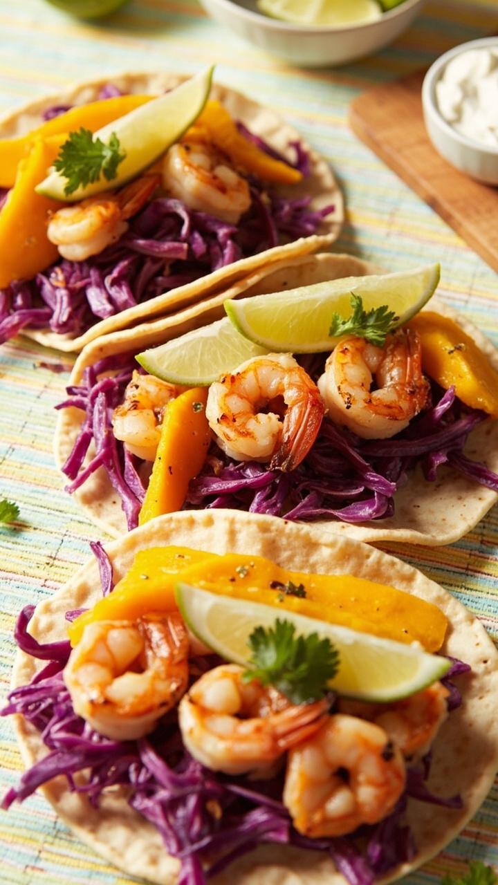 Three soft corn tortillas each layered with shredded purple cabbage, sliced mango, a row of pan seared shrimp, and a sprinkle of chopped cilantro. Lime wedges on a small wooden board and a small ramekin of crema on the side. Bright colors against a pastel placemat. Three soft corn tortillas each layered with shredded purple cabbage, sliced mango, a row of pan seared shrimp, and a sprinkle of chopped cilantro. Lime wedges on a small wooden board and a small ramekin of crema on the side. Bright colors against a pastel placemat.