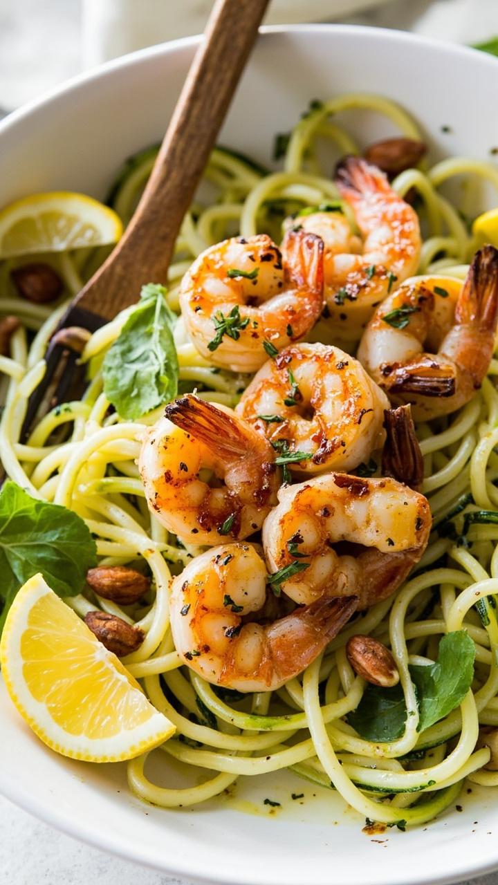 A shallow white bowl of glossy spiralized zucchini noodles tossed with olive oil and herbs. Five to six seared shrimp arranged on top. Lemon wedges and a sprinkle of toasted pine nuts and chopped basil. A wooden fork leaning on the bowl. A shallow white bowl of glossy spiralized zucchini noodles tossed with olive oil and herbs. Five to six seared shrimp arranged on top. Lemon wedges and a sprinkle of toasted pine nuts and chopped basil. A wooden fork leaning on the bowl.