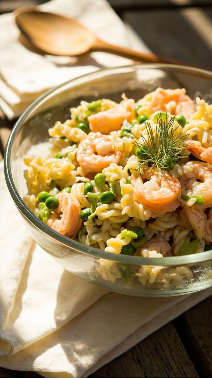 A glass bowl filled with short pasta tossed with chopped shrimp, diced celery, frozen peas, and a pale lemon dill dressing. A scattering of dill fronds on top and a linen napkin with a wooden spoon beside the bowl. Sunlight on a picnic table. A glass bowl filled with short pasta tossed with chopped shrimp, diced celery, frozen peas, and a pale lemon dill dressing. A scattering of dill fronds on top and a linen napkin with a wooden spoon beside the bowl. Sunlight on a picnic table.