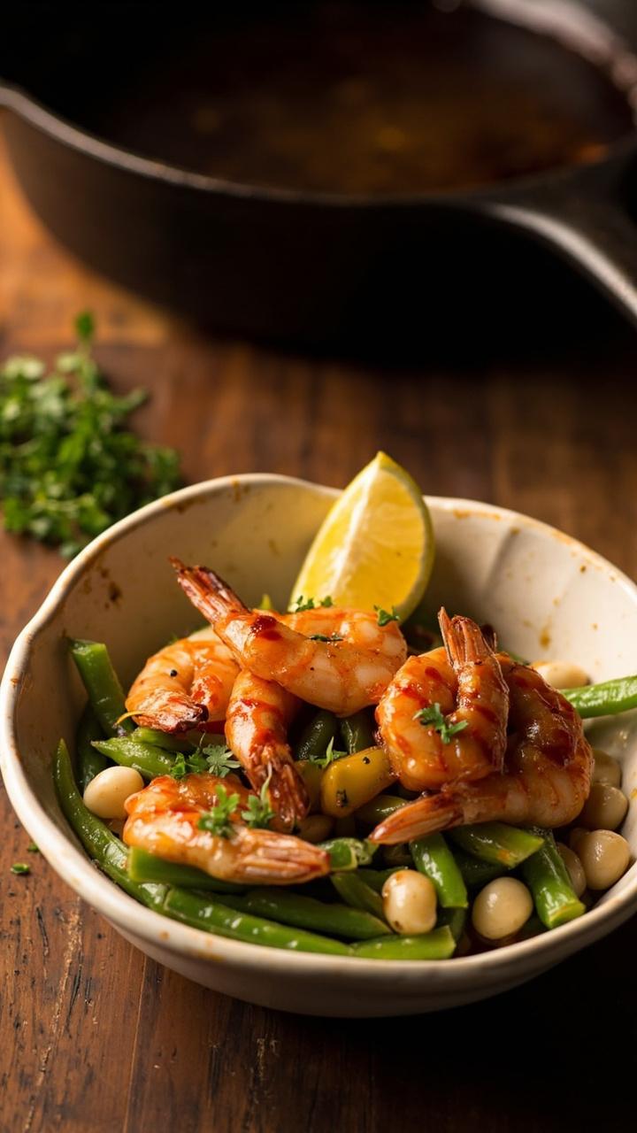 A shallow bowl with a bed of tender green beans and white beans tossed with olive oil. Five to six shrimp glazed with a glossy chili garlic sauce arranged on top. A wedge of lemon and a sprinkle of chopped parsley. A cast iron skillet in the background. A shallow bowl with a bed of tender green beans and white beans tossed with olive oil. Five to six shrimp glazed with a glossy chili garlic sauce arranged on top. A wedge of lemon and a sprinkle of chopped parsley. A cast iron skillet in the background.