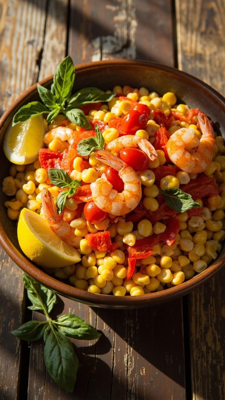 A wide shallow bowl with golden kernels of corn, halved cherry tomatoes, diced red bell pepper, and plump shrimp mixed together. A few basil leaves and a lemon wedge off to the side. A rustic wooden table underneath. A wide shallow bowl with golden kernels of corn, halved cherry tomatoes, diced red bell pepper, and plump shrimp mixed together. A few basil leaves and a lemon wedge off to the side. A rustic wooden table underneath.