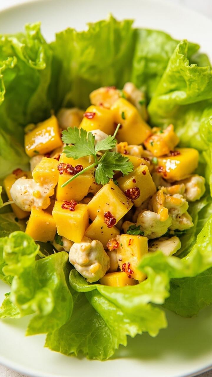 Bright green butter lettuce leaves cupped around a mango and crab salad, bits of red chili and cilantro sprinkled on top, arranged in a circle on a round platter.