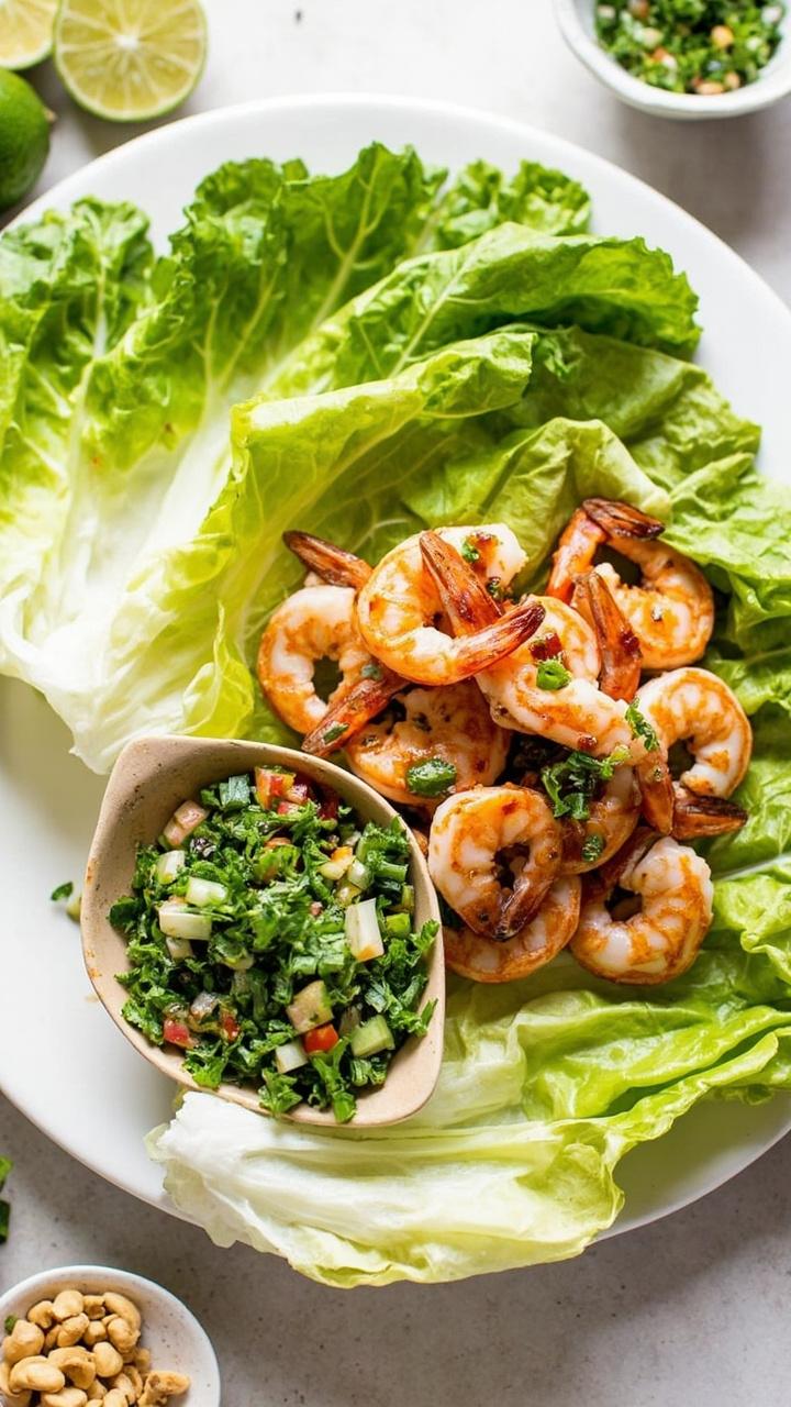 Butter lettuce leaves displayed on a platter with a heap of warm shrimp tossed in a glossy ginger soy sauce next to a small bowl of chopped herb salsa with cilantro mint and scallions. Lime halves and a small dish of crushed peanuts on the side. Butter lettuce leaves displayed on a platter with a heap of warm shrimp tossed in a glossy ginger soy sauce next to a small bowl of chopped herb salsa with cilantro mint and scallions. Lime halves and a small dish of crushed peanuts on the side.