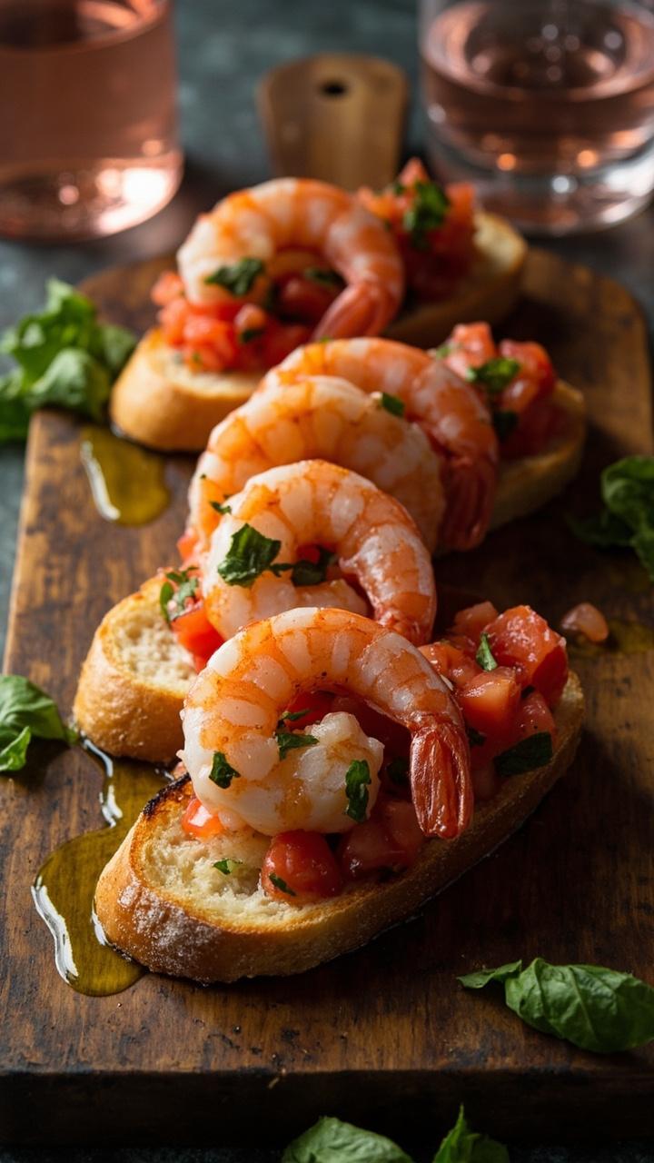 Toasted slices of baguette arranged on a board each topped with a spoonful of diced tomato basil mixture and two warm shrimp. A drizzle of olive oil and a few basil leaves scattered around. A glass of chilled rosé in the background. Toasted slices of baguette arranged on a board each topped with a spoonful of diced tomato basil mixture and two warm shrimp. A drizzle of olive oil and a few basil leaves scattered around. A glass of chilled rosé in the background.