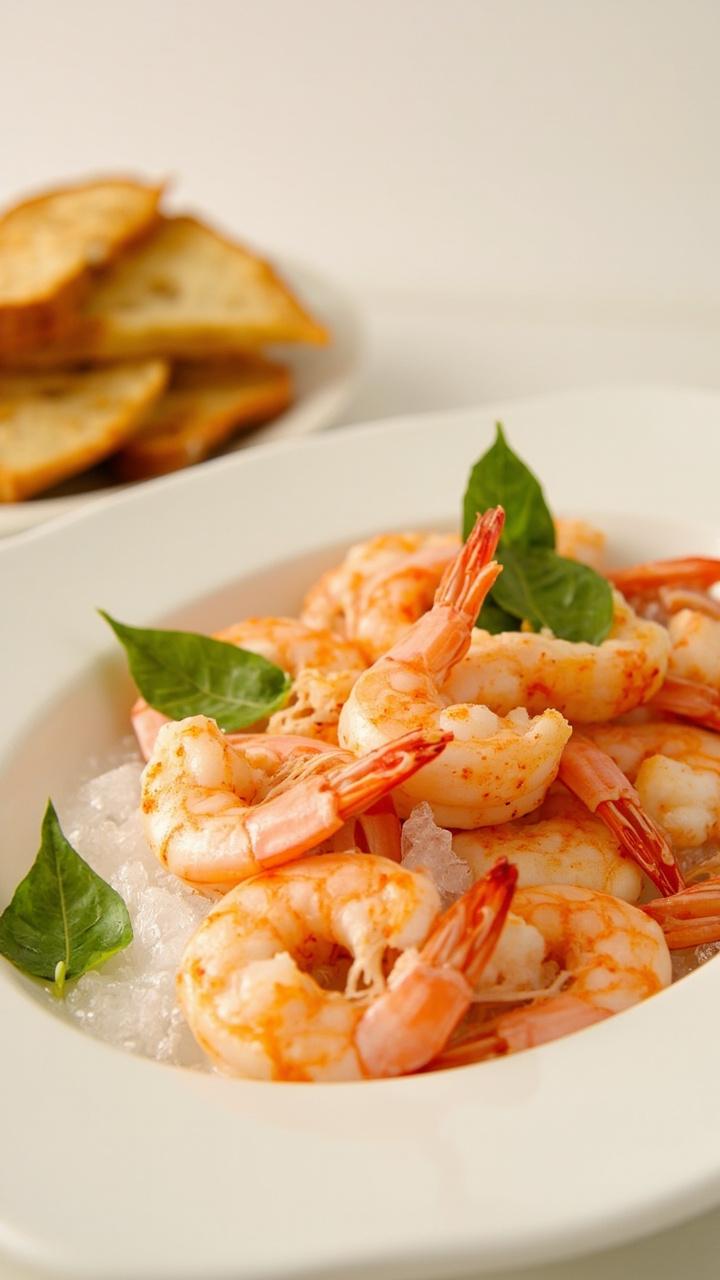 A shallow soup plate filled with pale pink gazpacho flecked with small cucumber dice. Two chilled shrimp curled on the surface and a few basil leaves floating. Crusty bread on a small plate alongside. A shallow soup plate filled with pale pink gazpacho flecked with small cucumber dice. Two chilled shrimp curled on the surface and a few basil leaves floating. Crusty bread on a small plate alongside.