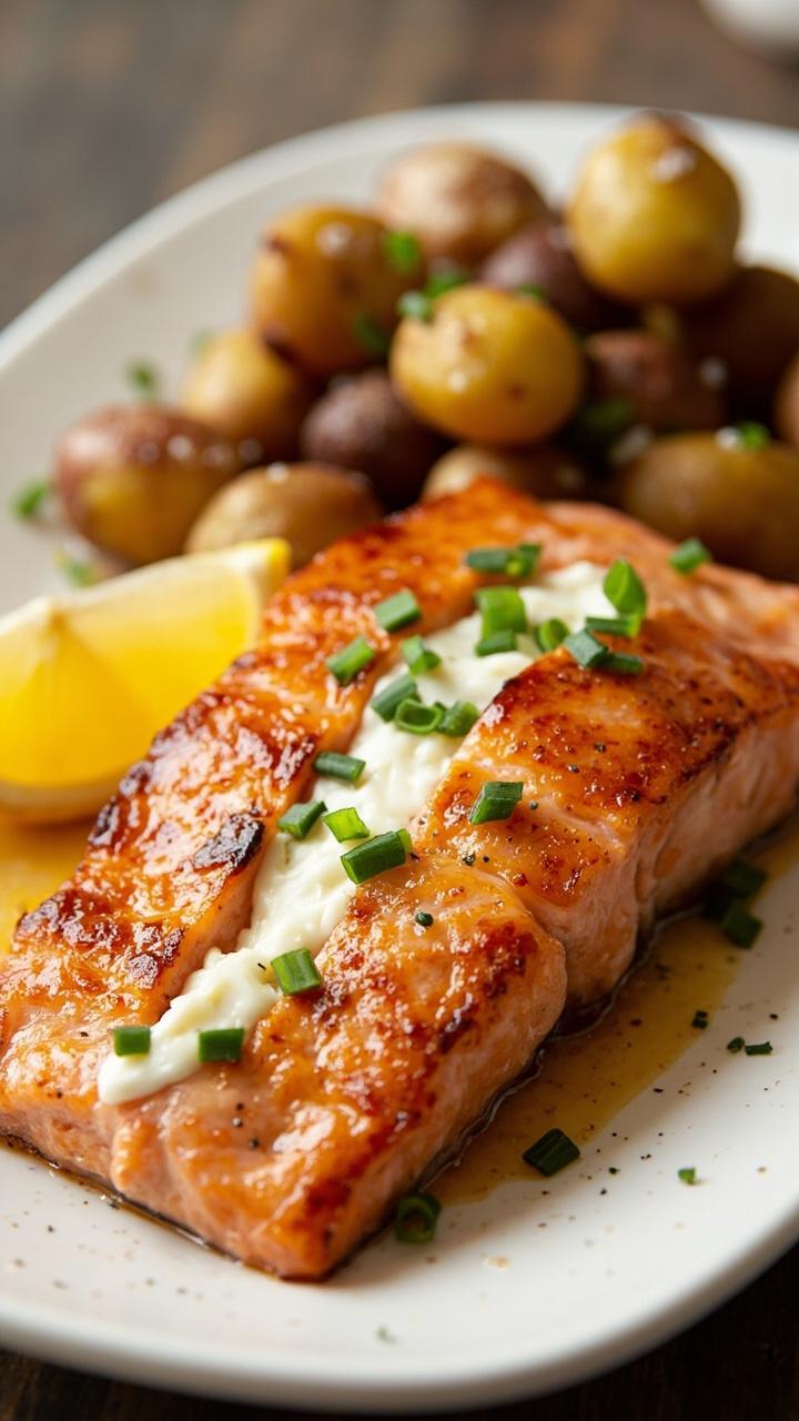 A golden baked salmon filet split down the middle and filled with a pale cream cheese mixture topped with thin green chives. Plate on a white oval with a lemon wedge, a small pile of roasted baby potatoes, and a sprinkle of chopped chives on the fish. A golden baked salmon filet split down the middle and filled with a pale cream cheese mixture topped with thin green chives. Plate on a white oval with a lemon wedge, a small pile of roasted baby potatoes, and a sprinkle of chopped chives on the fish.
