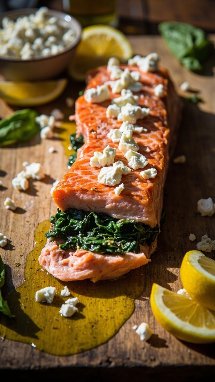 A salmon filet with a green spinach and white feta filling visible in the center. A drizzle of olive oil and a few crumbled feta pieces on top. Plate sits on a rustic wooden board with a few lemon slices and a small bowl of extra feta. A salmon filet with a green spinach and white feta filling visible in the center. A drizzle of olive oil and a few crumbled feta pieces on top. Plate sits on a rustic wooden board with a few lemon slices and a small bowl of extra feta.