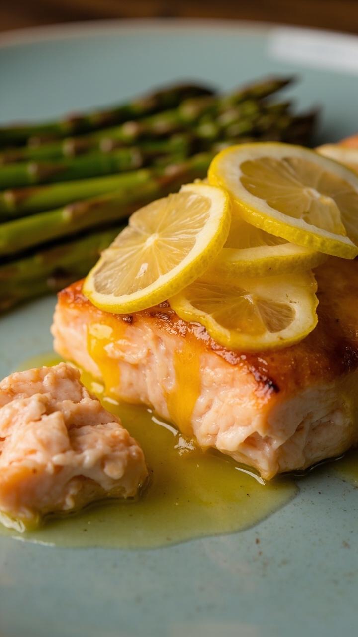 A salmon filet with a golden melted butter and minced garlic filling, topped with thin lemon slices and a tiny drizzle of butter running down the side. Plate on a pale blue dinner plate with roasted asparagus spears beside the fish. A salmon filet with a golden melted butter and minced garlic filling, topped with thin lemon slices and a tiny drizzle of butter running down the side. Plate on a pale blue dinner plate with roasted asparagus spears beside the fish.