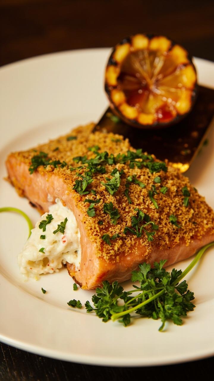 A salmon filet stuffed with white crab meat and flecks of green parsley, topped with a light breadcrumb crust. Plate on a white round plate with a few sprigs of parsley and a lemon half charred on a grill pan. A salmon filet stuffed with white crab meat and flecks of green parsley, topped with a light breadcrumb crust. Plate on a white round plate with a few sprigs of parsley and a lemon half charred on a grill pan.