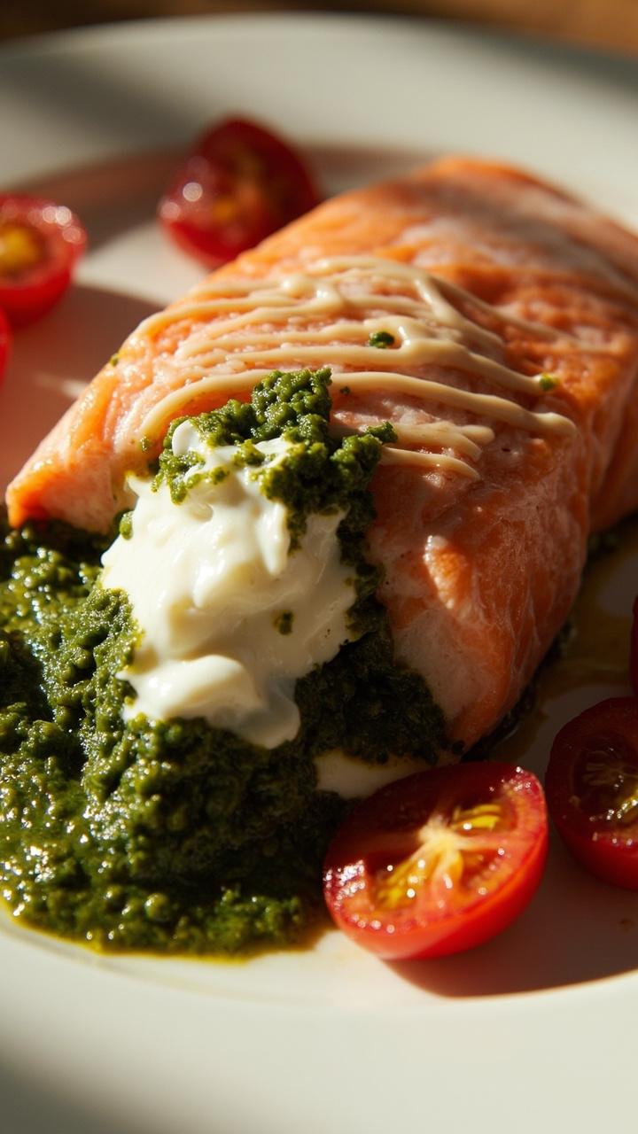 A salmon filet oozing green pesto and white melted mozzarella from a center pocket. A light drizzle of extra pesto on top and a scattering of halved cherry tomatoes on the plate. Plate is a simple matte white circle. A salmon filet oozing green pesto and white melted mozzarella from a center pocket. A light drizzle of extra pesto on top and a scattering of halved cherry tomatoes on the plate. Plate is a simple matte white circle.