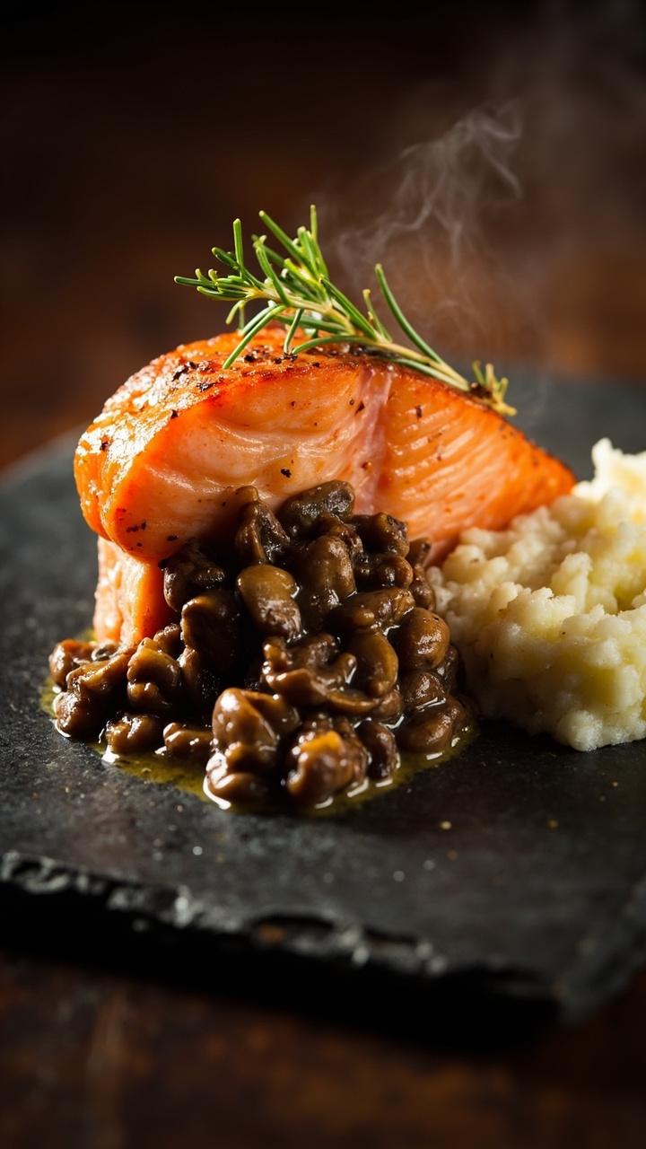 A salmon filet filled with a dark brown mushroom duxelles mixture. The duxelles peeks out of the center and a sprig of thyme rests on top. Plate on a slate rectangle with a spoonful of mashed potatoes beside the fish. A salmon filet filled with a dark brown mushroom duxelles mixture. The duxelles peeks out of the center and a sprig of thyme rests on top. Plate on a slate rectangle with a spoonful of mashed potatoes beside the fish.