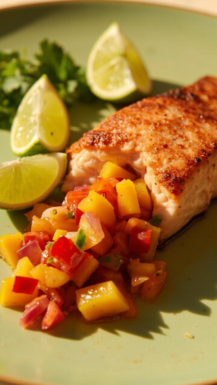 A seared salmon filet with a chunky orange mango salsa spilling from a center pocket. Small lime wedges and a cilantro sprig sit beside the fish on a pale green plate. A seared salmon filet with a chunky orange mango salsa spilling from a center pocket. Small lime wedges and a cilantro sprig sit beside the fish on a pale green plate.