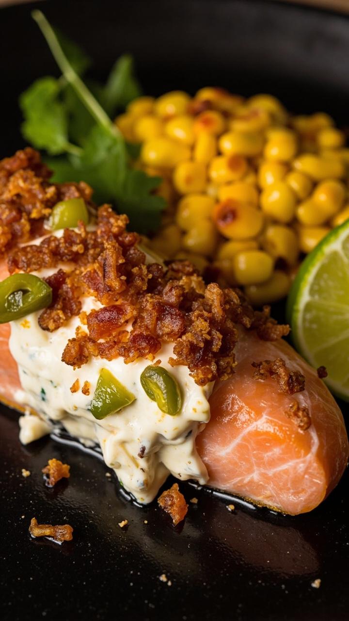 A salmon filet filled with a pale cream cheese mixture speckled with green jalapeño and golden crumbled bacon on top. A small pile of roasted corn and a lime wedge sit beside the fish on a dark plate. A salmon filet filled with a pale cream cheese mixture speckled with green jalapeño and golden crumbled bacon on top. A small pile of roasted corn and a lime wedge sit beside the fish on a dark plate.